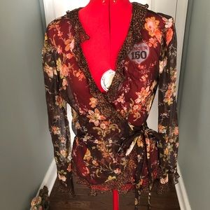 VINTAGE LAUNDRY SHEER BROWN SILK FLORAL WRAPAROUND TOP w/ LEOPARD RUFFLED TRIM